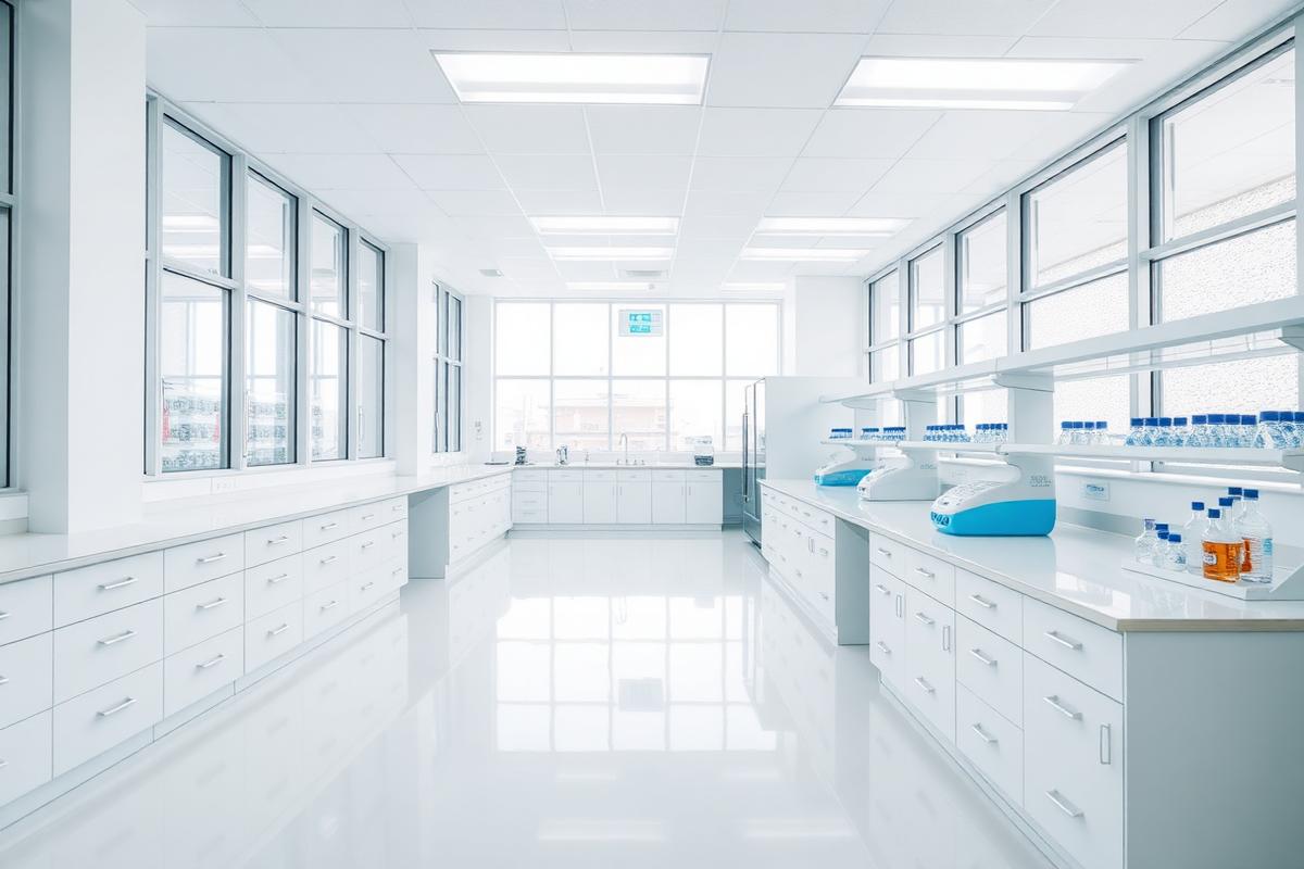 Modern laboratory interior with white benches and glassware
