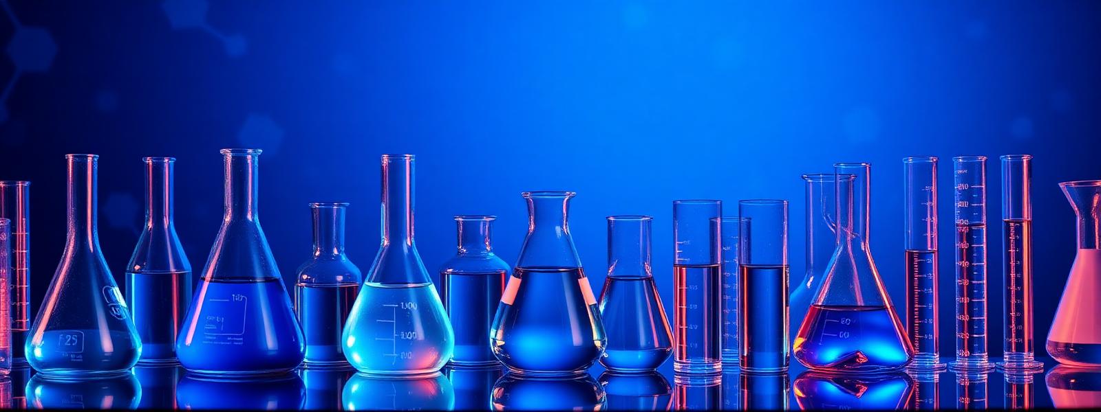 Laboratory glassware filled with blue liquid