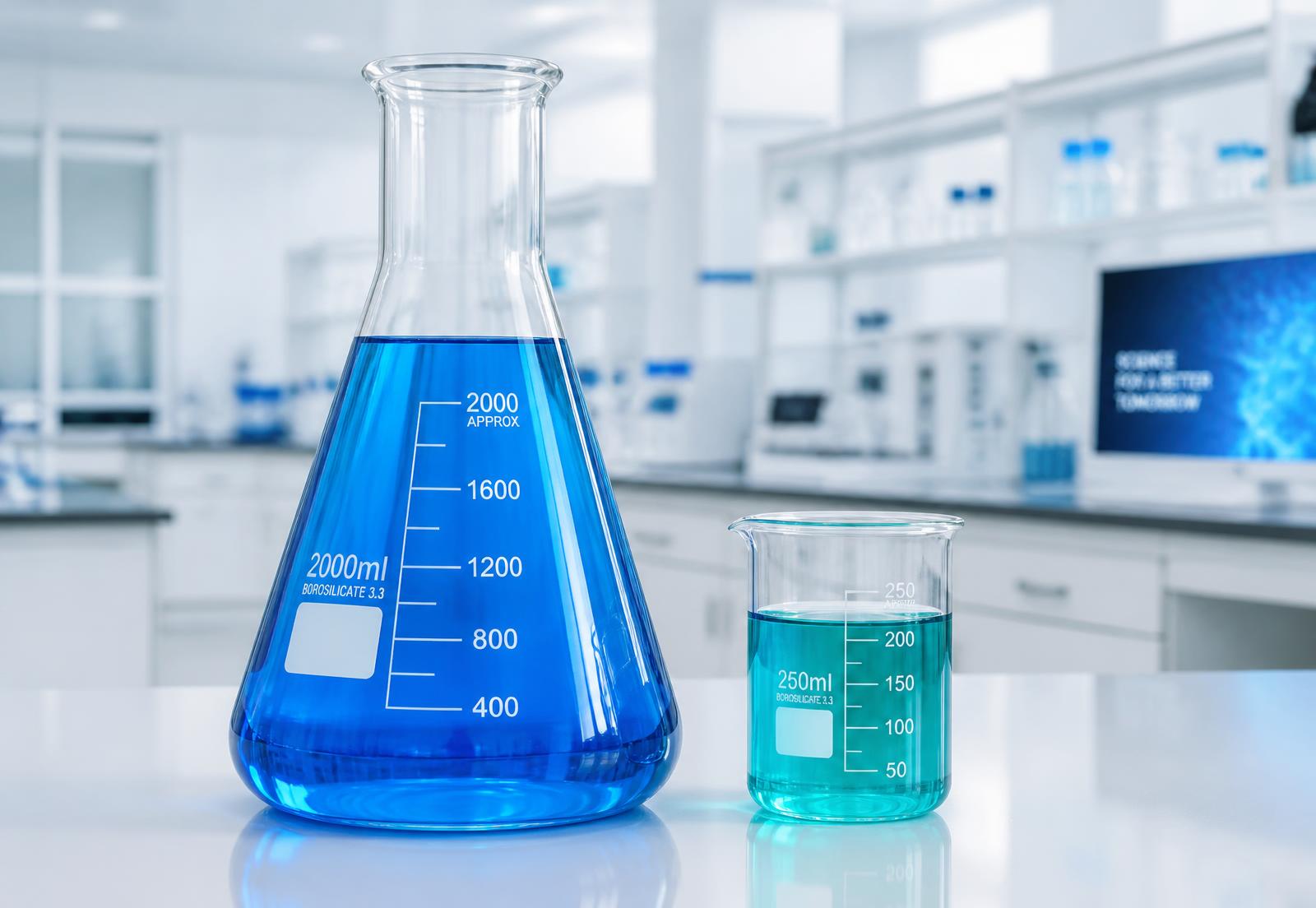 Borosilicate Erlenmeyer flask and beaker filled with blue liquid in a laboratory