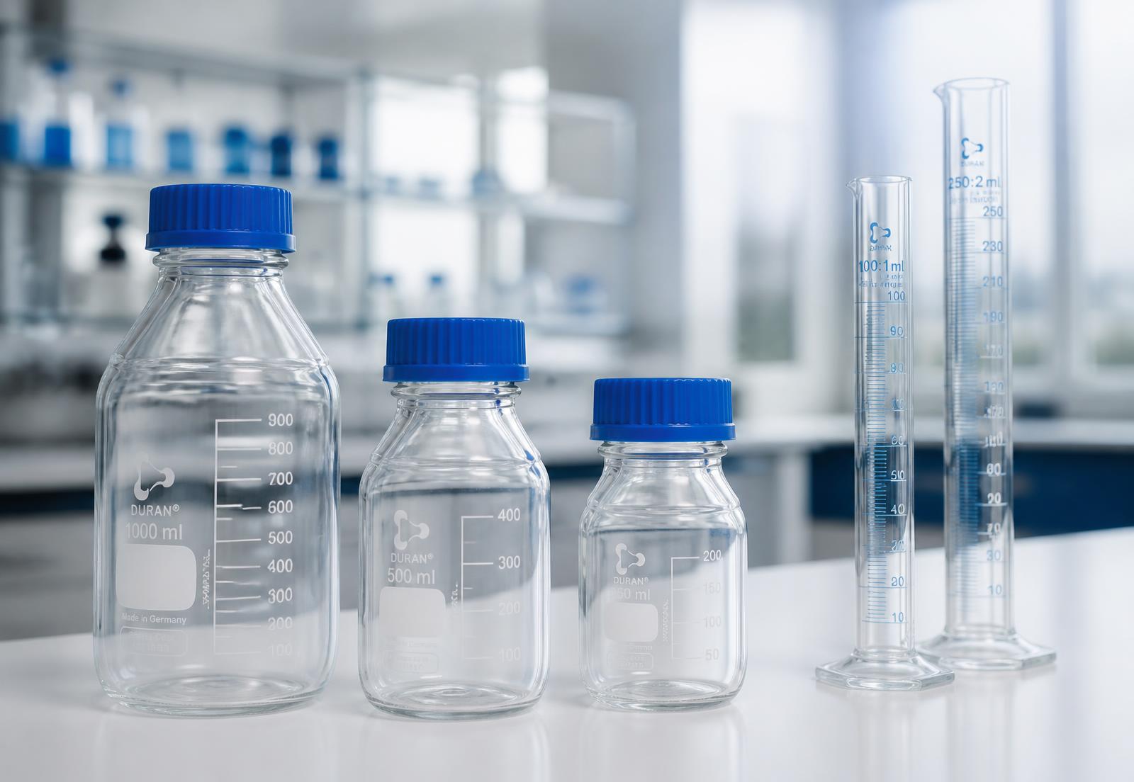 Borox borosilicate laboratory bottles and graduated cylinders on a lab bench