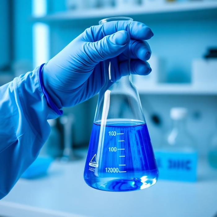 Gloved hand holding a flask with blue liquid