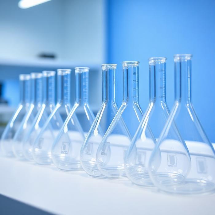 Row of clear borosilicate laboratory flasks