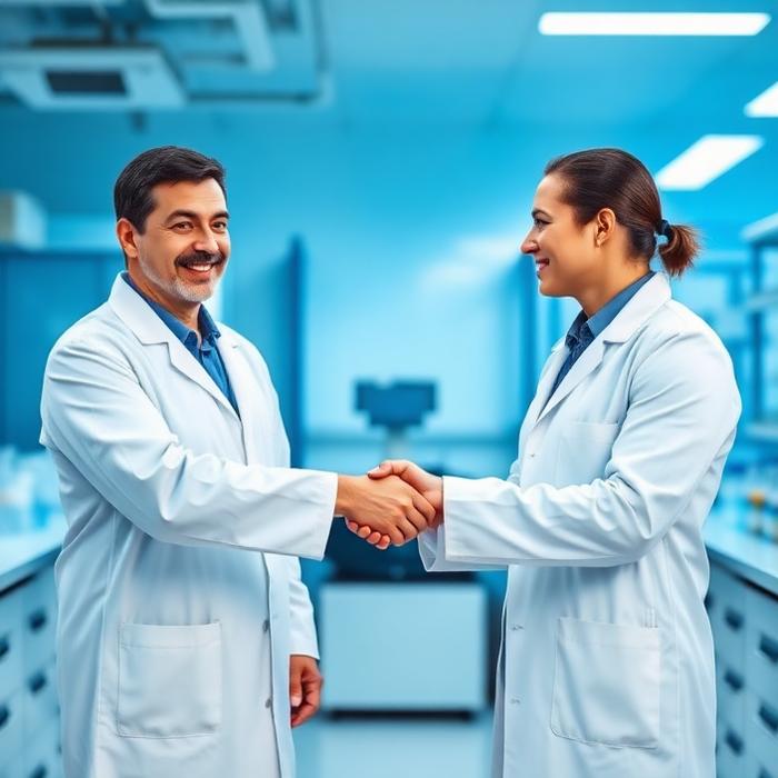 Two scientists shaking hands in a laboratory